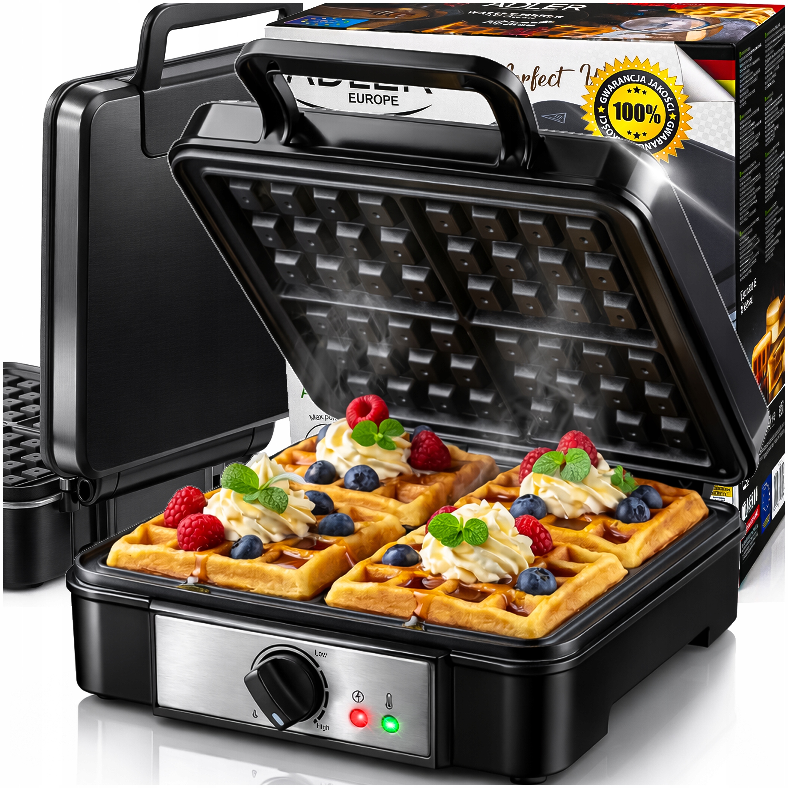 Gofrownica na 4 Chrupiące Gofry 1800W Regulacja Temperatury Non-stick Mocna