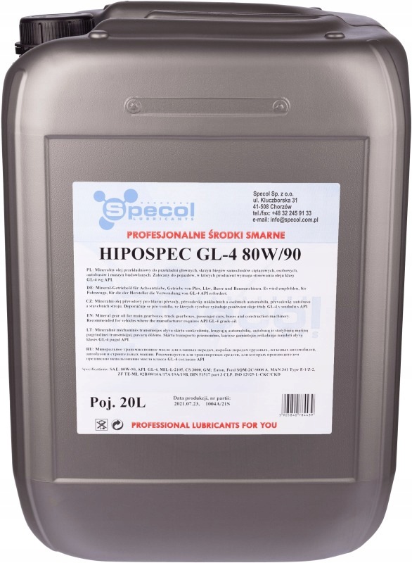 Specol Olej 80W90 20L GL4 Hypospec/ Prevodový