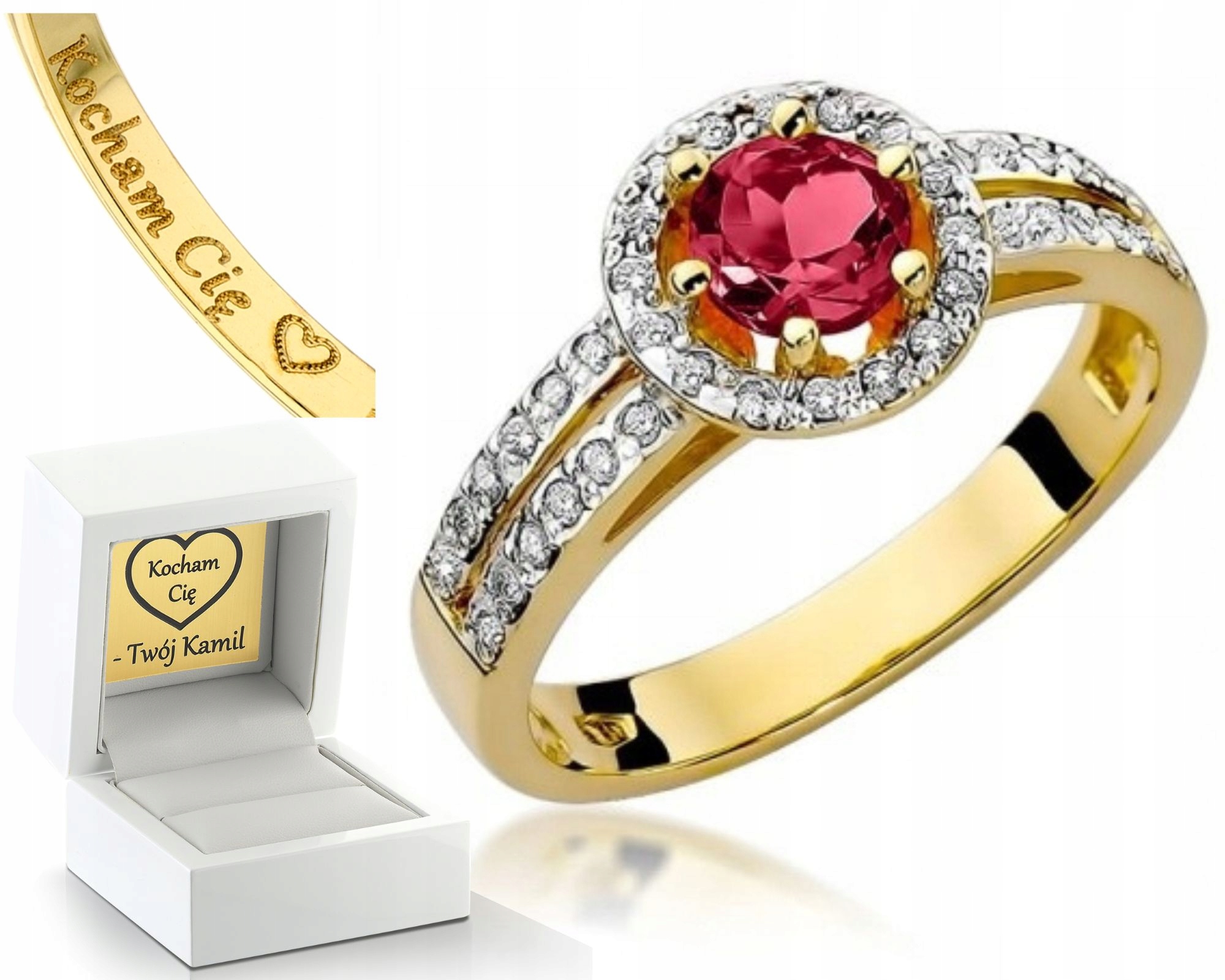 Zlatý Prstýnek Rubín A Diamanty Gravírování 0,585