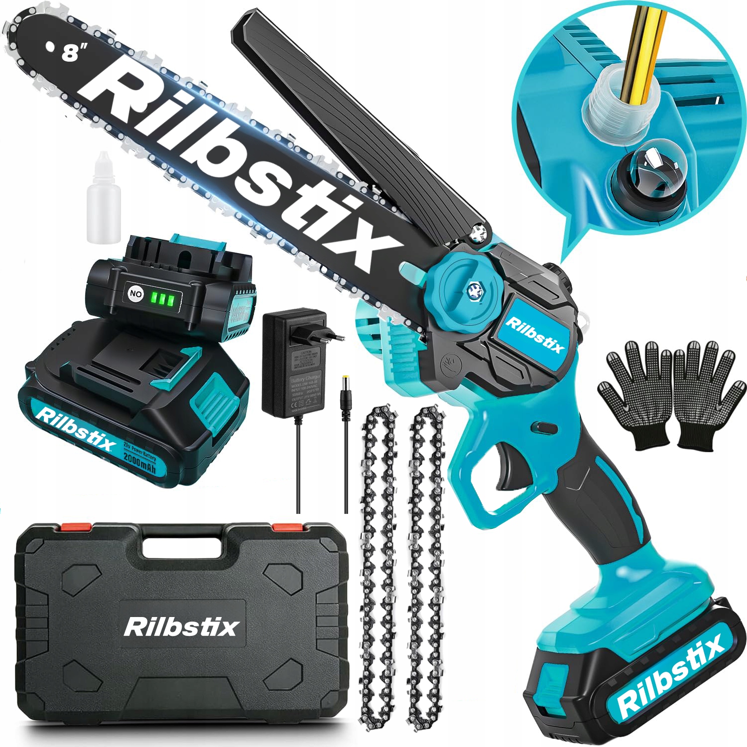 Piła łańcuchowa akumulatorowa silnik bezszczotkowy Rilbstix Zestaw 2w1 6+8"