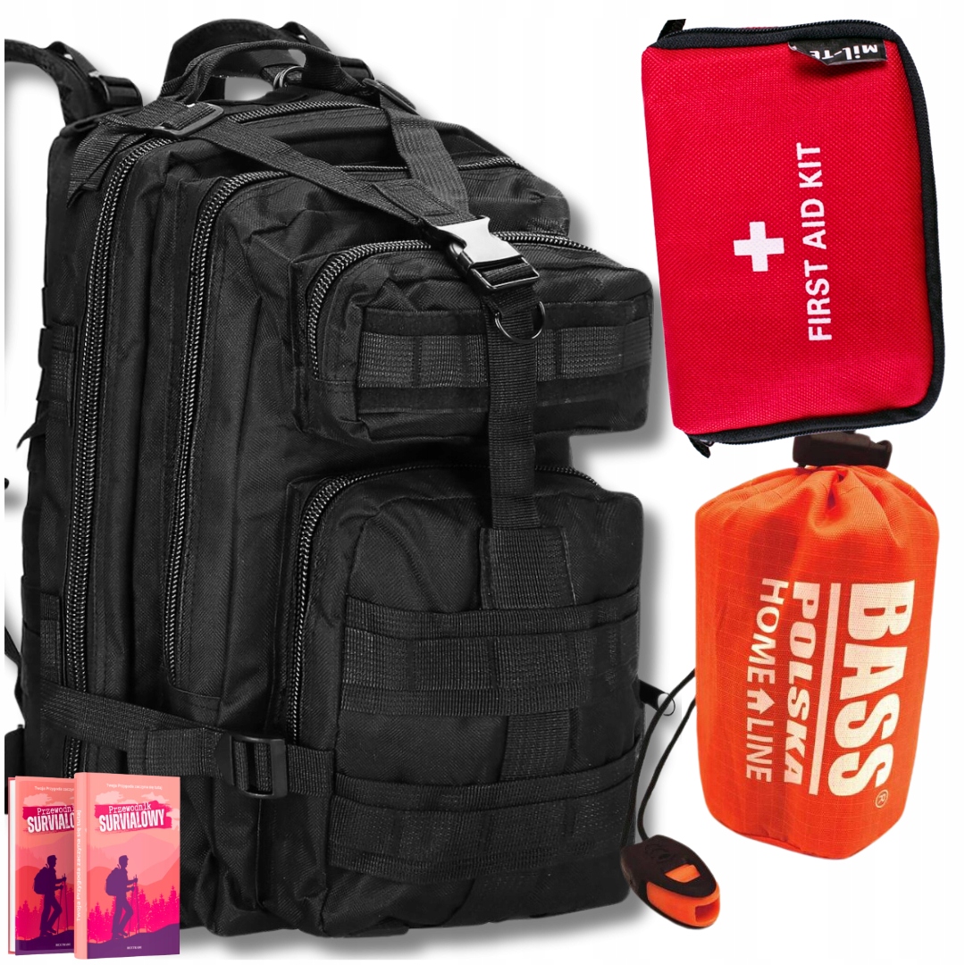 Plecak Czarny 35L Apteczka Ratunkowa Mała Turystyczna 21EL Śpiwór Nrc