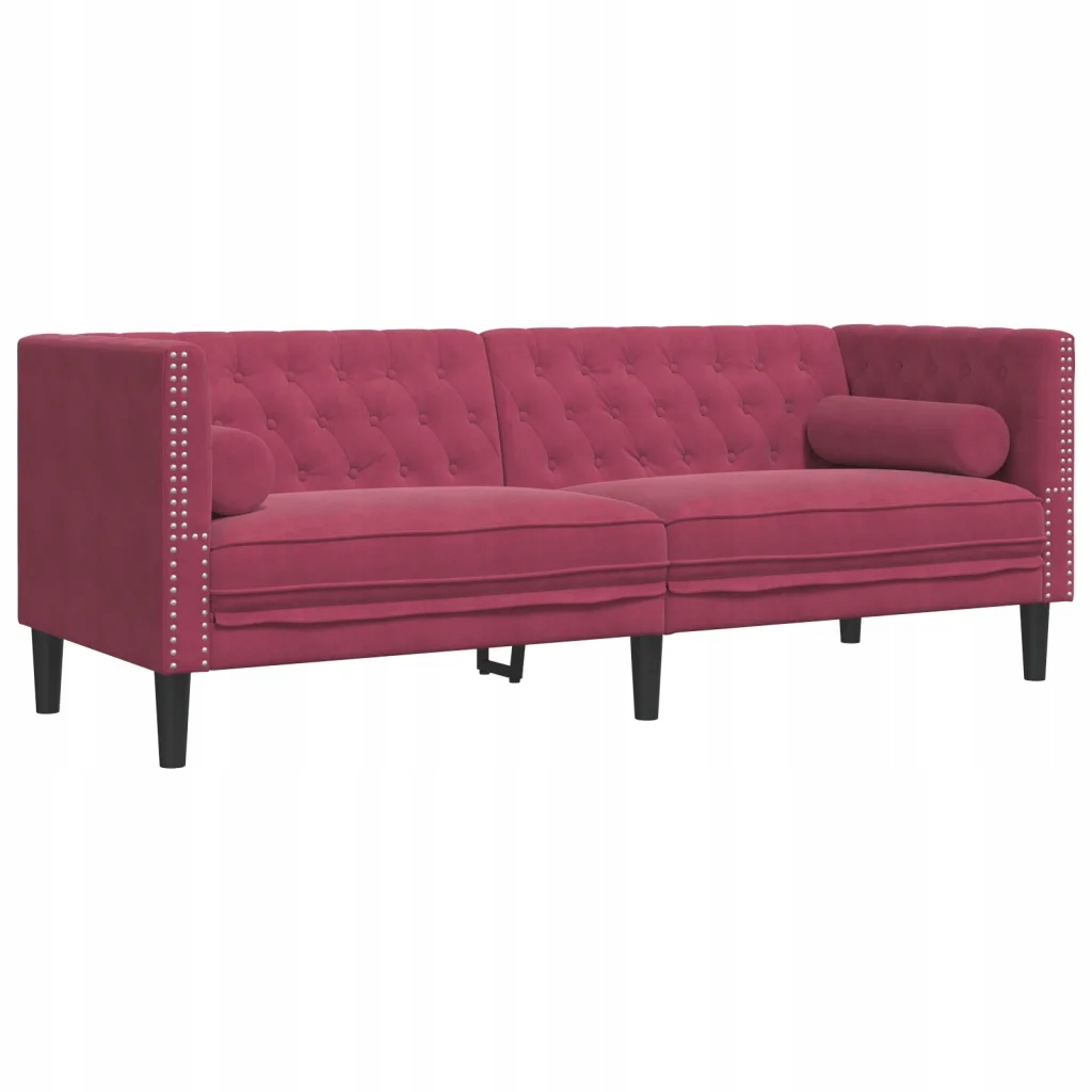 Pohovka Chesterfield s válečky, třímístná, bordó, samet