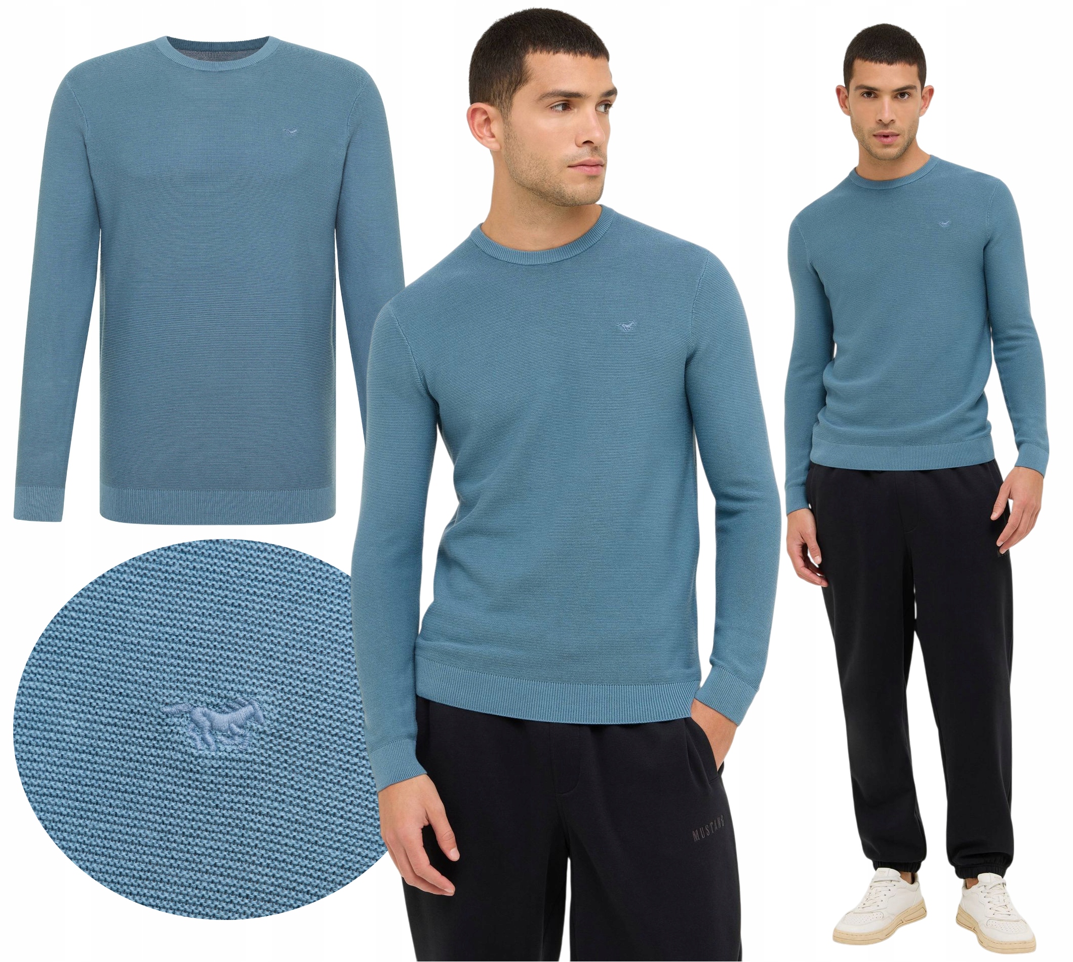 Pánský Bavlna svetr Mustang Elliot s Kulatý výstřihem a logem, modrý, vel. L