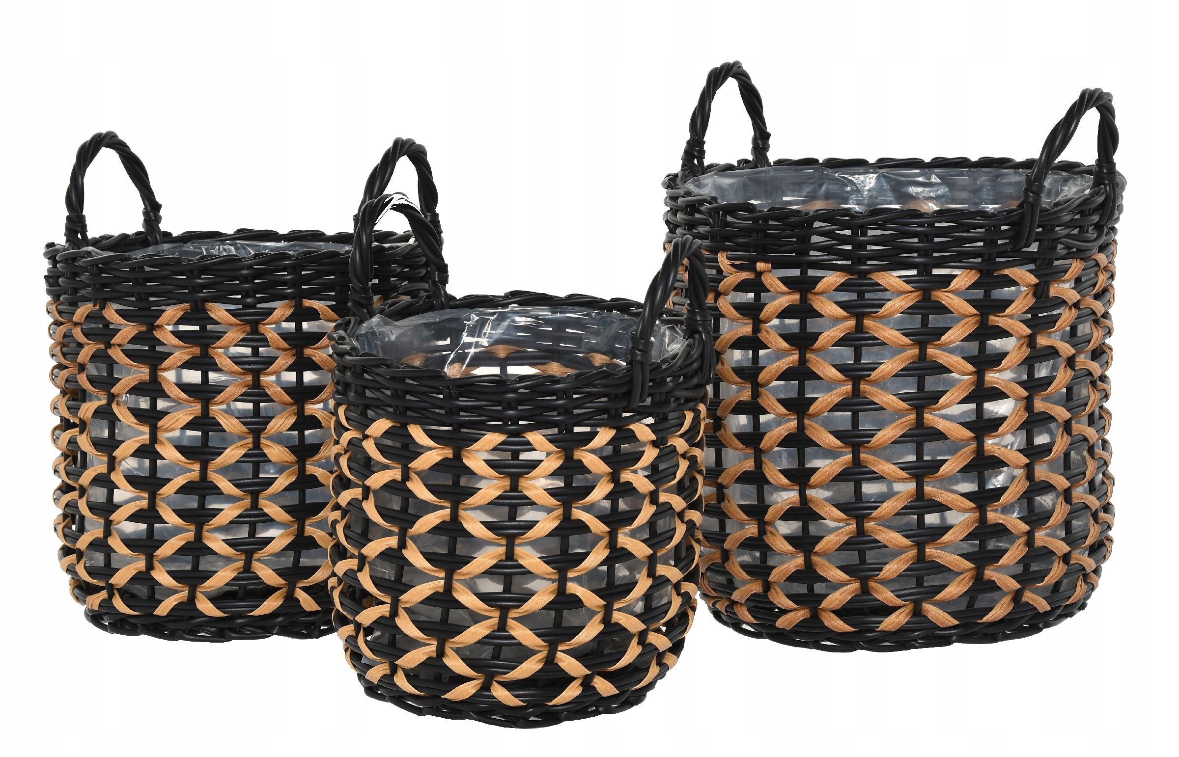 Zestaw 3 donic koszy ogrodowych z technorattanu czarny beż rozmiary S M L