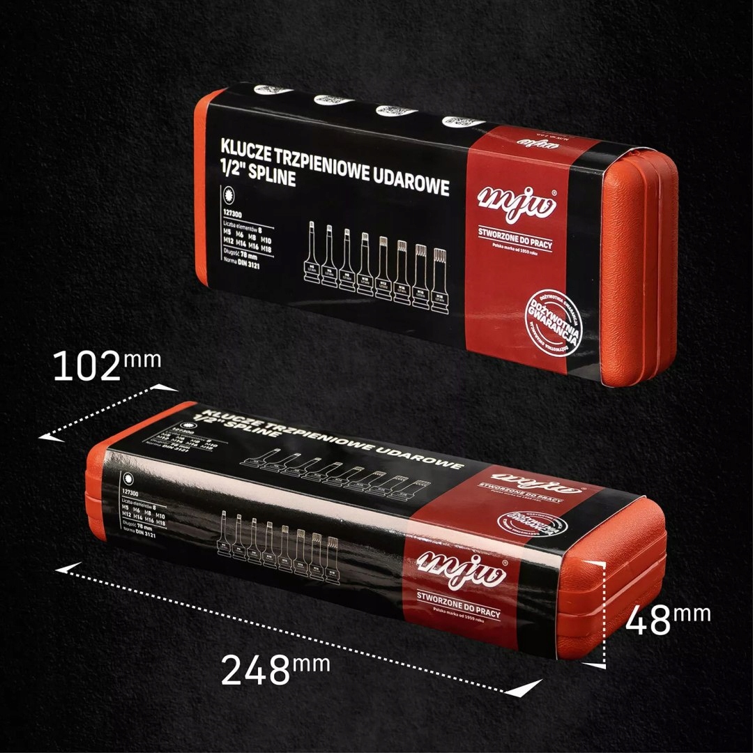 ZESTAW NASADEK TRZPIENIOWYCH UDAROWYCH 1/2" SPLINE DŁUGICH Waga produktu z opakowaniem jednostkowym 1.1 kg