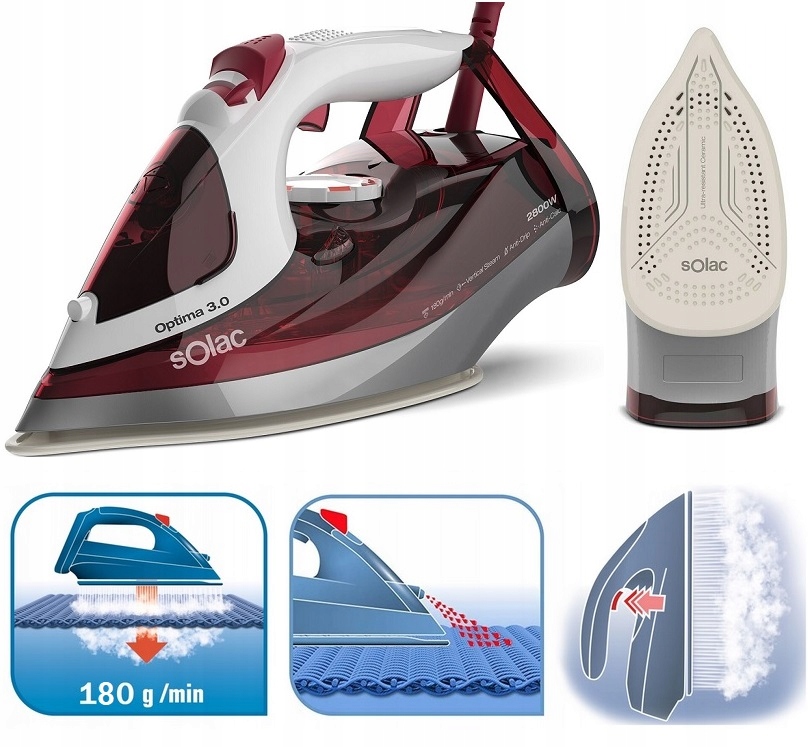 Žehlička Solac, PV2029, Optima 3.0, keramická plocha, vertikální pára, 2800