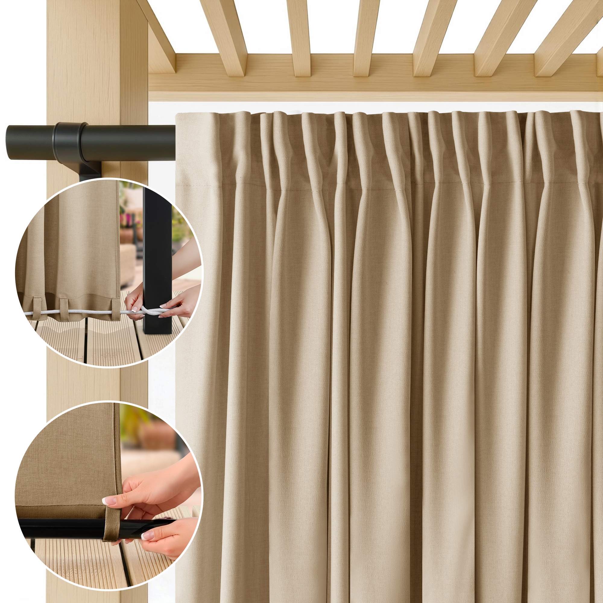 Filumi Zahradní závěs s vazbou len voděodolná páska tmavě béžová 250x250