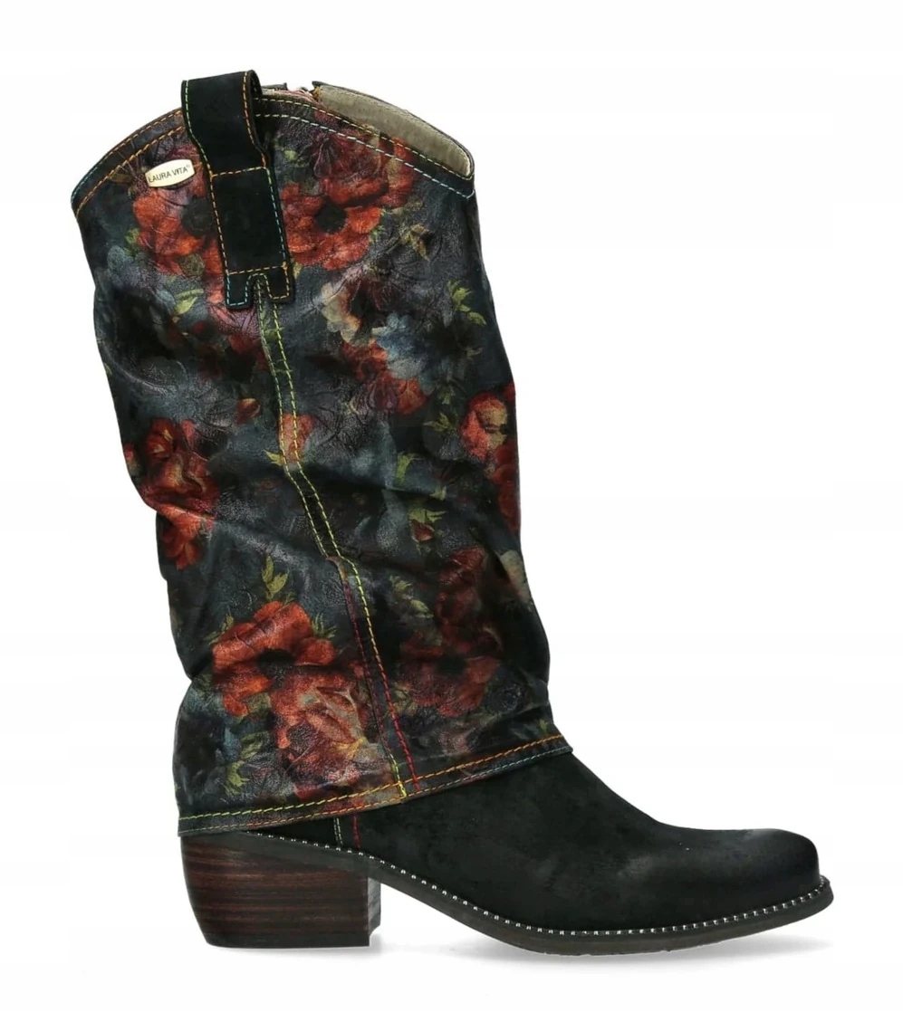 Kozačky Kotníkové Boty Vysoké Dámské S Květinami Na Koženém Podpatku Laura Vita 37