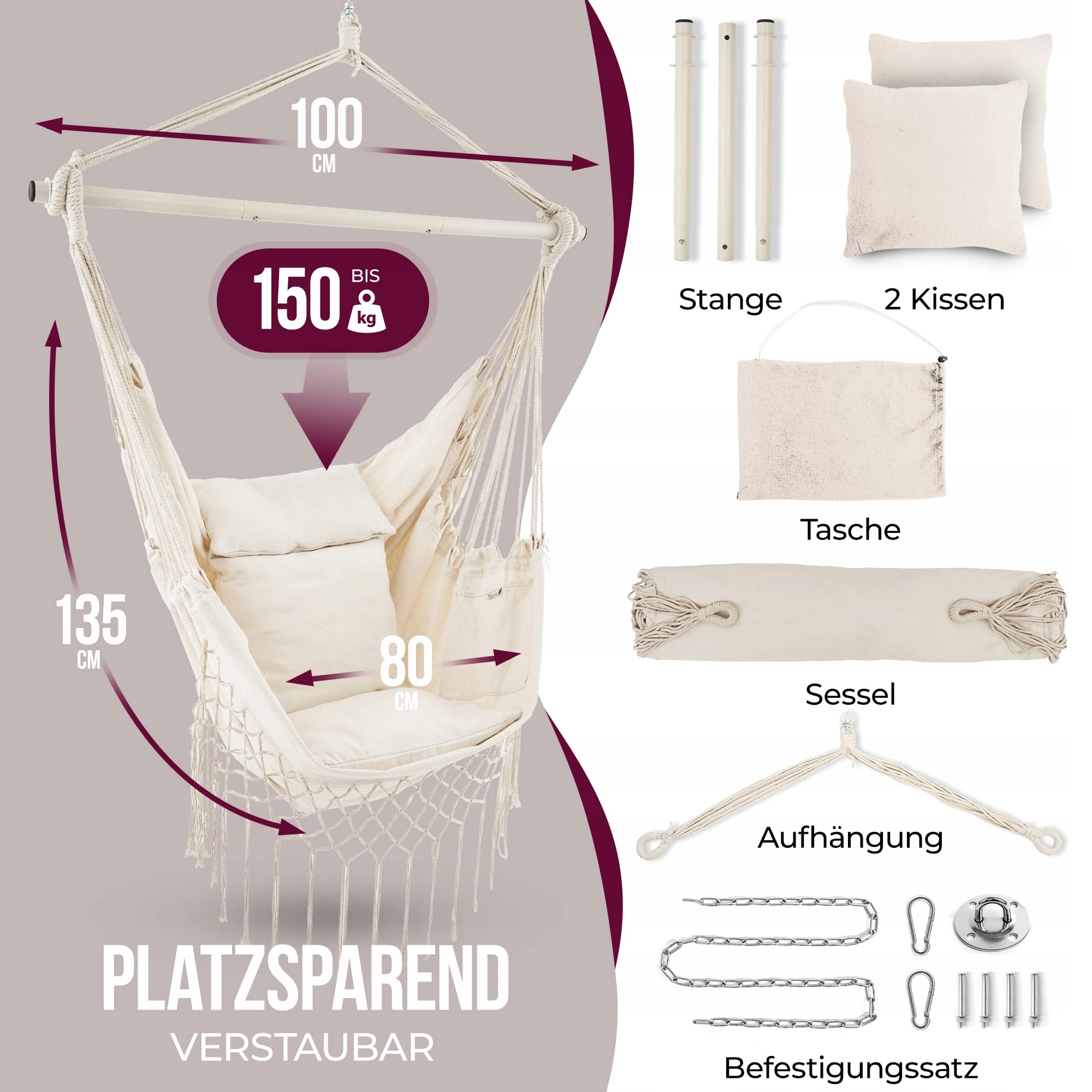 HEIMLING Fotel Wiszący XXL Zestaw Zawieszenie 3 Poduszki Do 150 kg — miniatura 3