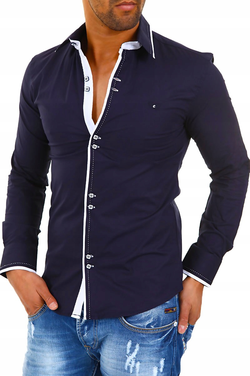 ELEGANCKA GRANATOWA KOSZULA PRZESZYCIA - L