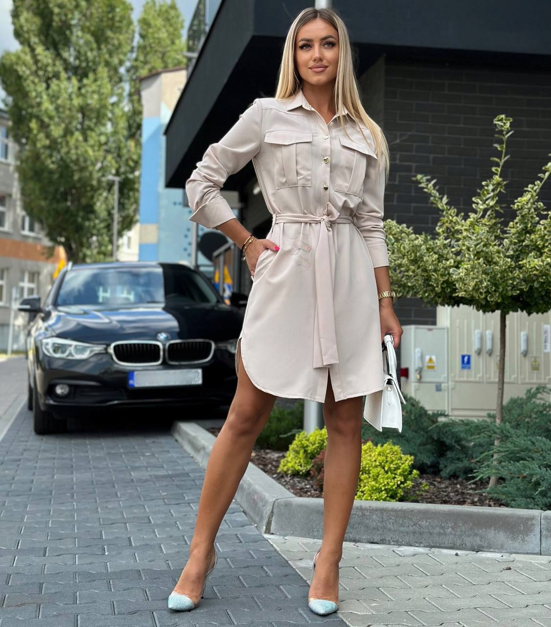 Šaty Košilová Šmizjerka Marina Elegantní s páskem Béžová L