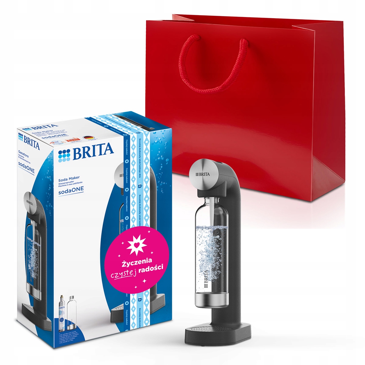 Zestaw prezentowy Saturator czarny Brita SodaONE z cylindrem CO2 torba