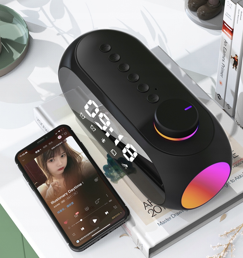 GŁOŚNIK BEZPRZEWODOWY BLUETOOTH BUDZIK ZEGAR LED RADIO FM MP3 OŚWIETLENIE Zasilanie akumulatorowe