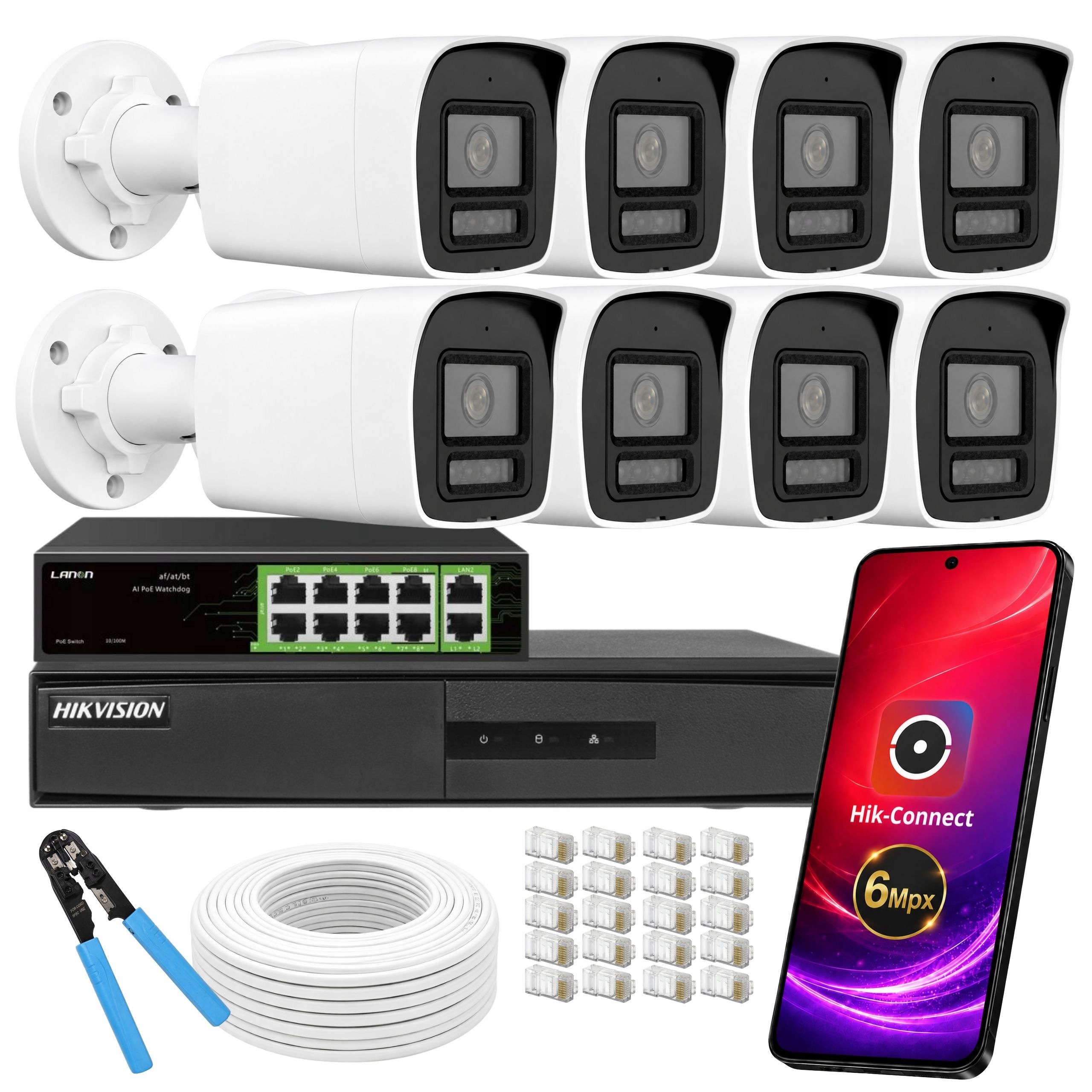 Monitorovanie domu 8 vonkajších Ip kamier PoE 6Mpx Nvr Hikvision farba v noci