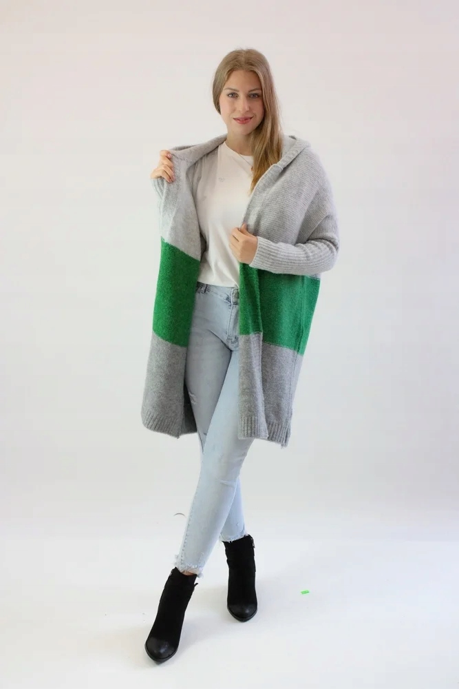 Vlněný kardigan s pruhy popelavě zelený Uni