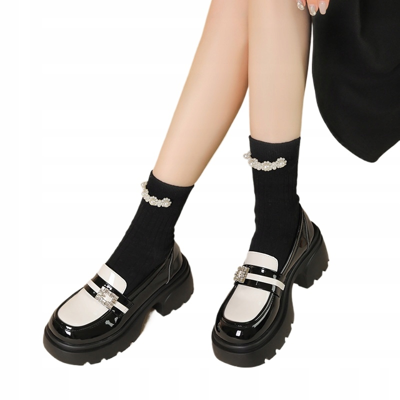 WYGODNE GRUBA PODESZWA CZARNE SKÓRZANE MOKASYNY DAMSKIE PÓŁBUTY