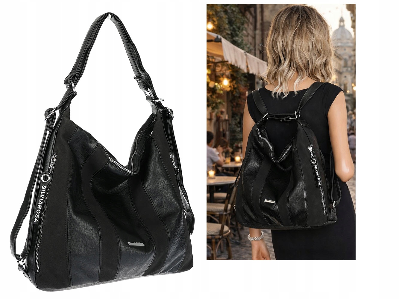 Torebka Damska Shopper Plecak Miejska 2w1 Worek Torba na Ramię SR090 Czarna