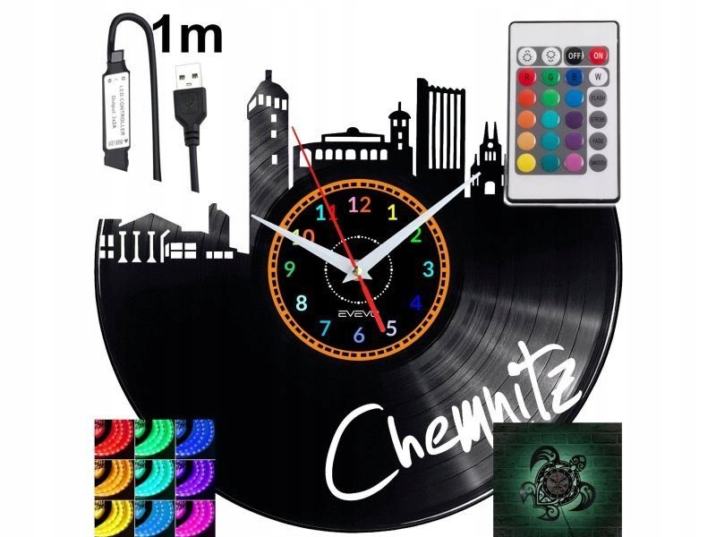 Chemnitz Nástěnné podsvícené Led hodiny Rgb na dálkové ovládání Vinylová deska Nowocz