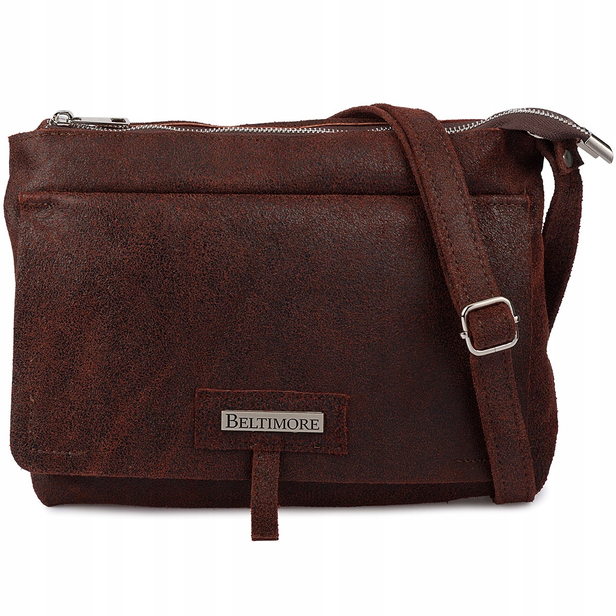 Kožená kabelka s 2 komorovou klopou Pásek Beltimore koňaková N14