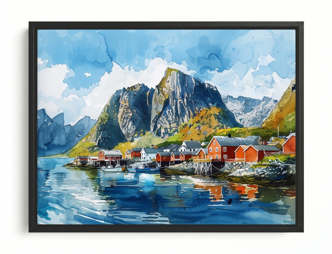 Obraz Rám Americký Box Norsko Fiordy Hory Lofoty Domky Akvarel 80x60
