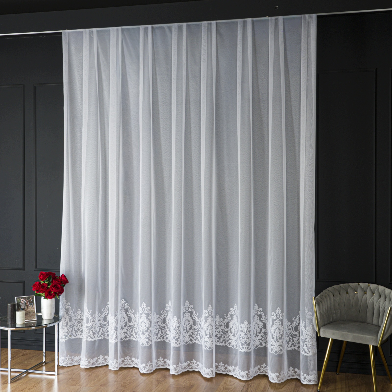 Mg F306 Záclona Enzo markizeta s vyšívaným pruhovaným vzorem, Šitá S Páskou, 500 x 290 cm