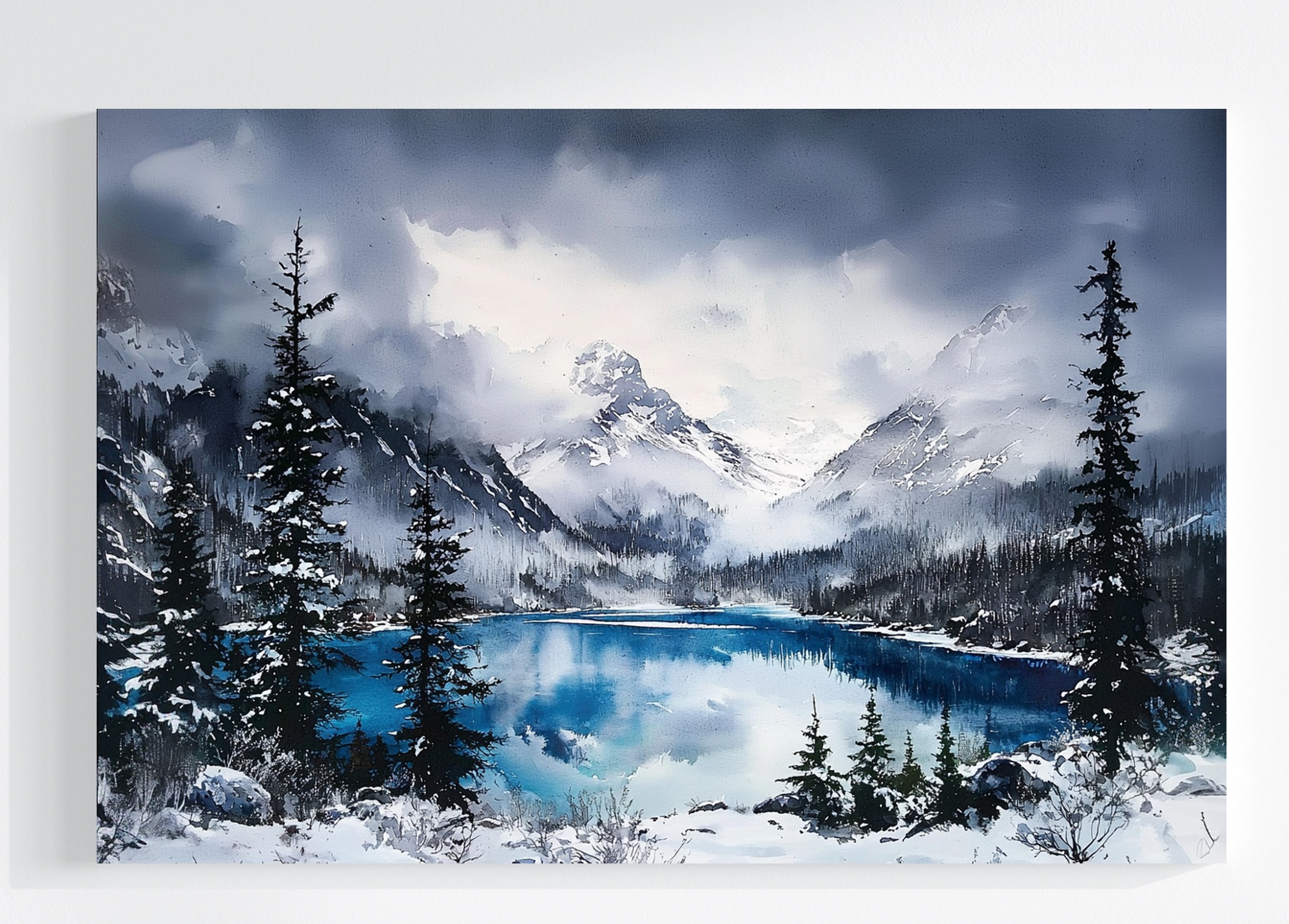 Obraz Na Plátně Canvas Krajina Hory Vrcholy Jezero Zima Sníh Mlha 120x80