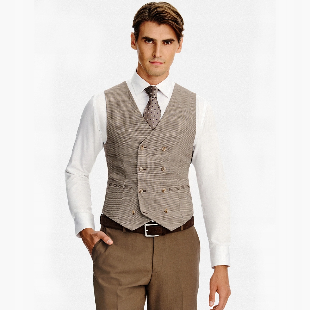 Hnědá dvouřadá pánská vesta ve vzoru pepitky Pako Lorente vel