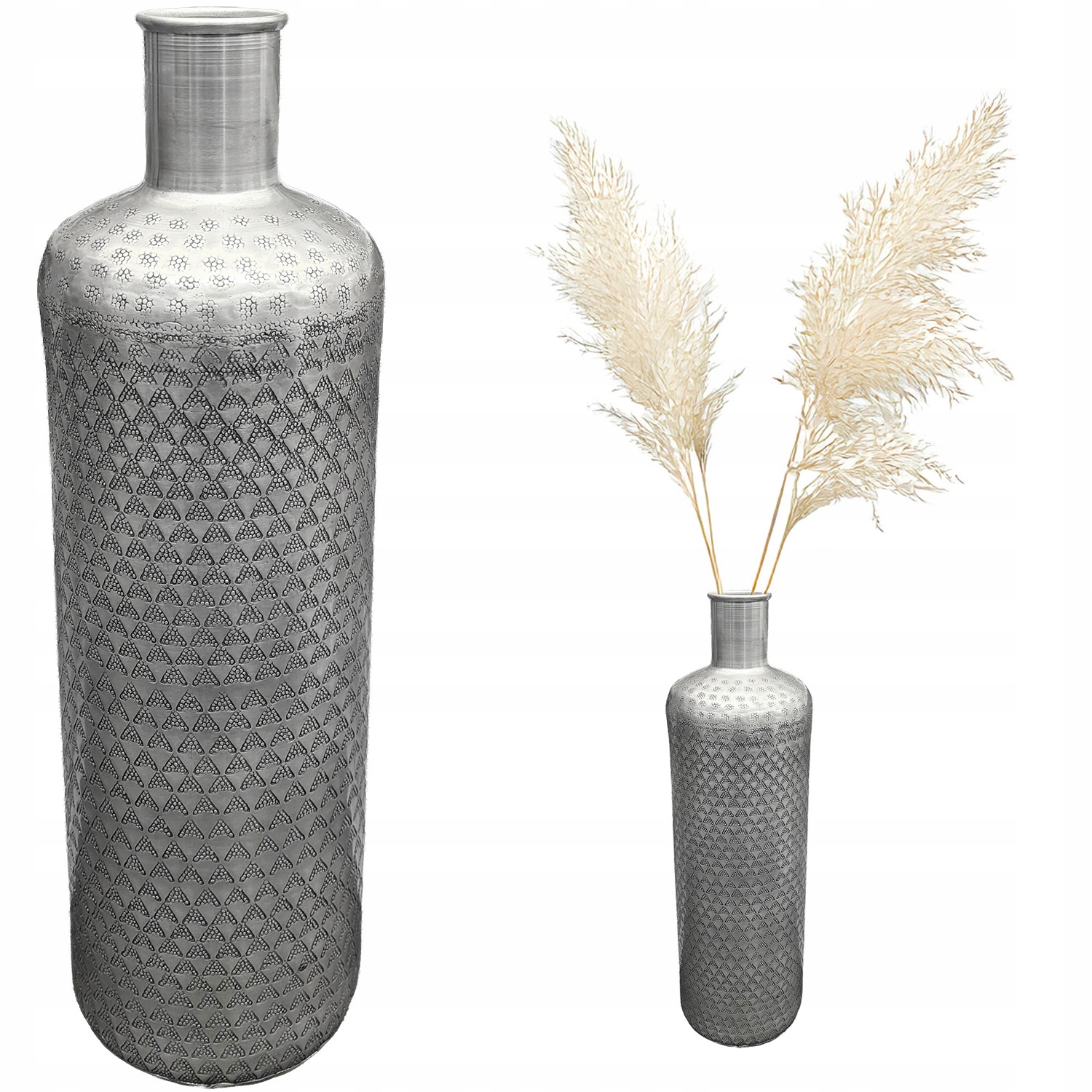 Vysoká Podlahová Váza Láhev 46 cm kovová, stříbrná, úzká, podlouhlá, loftová