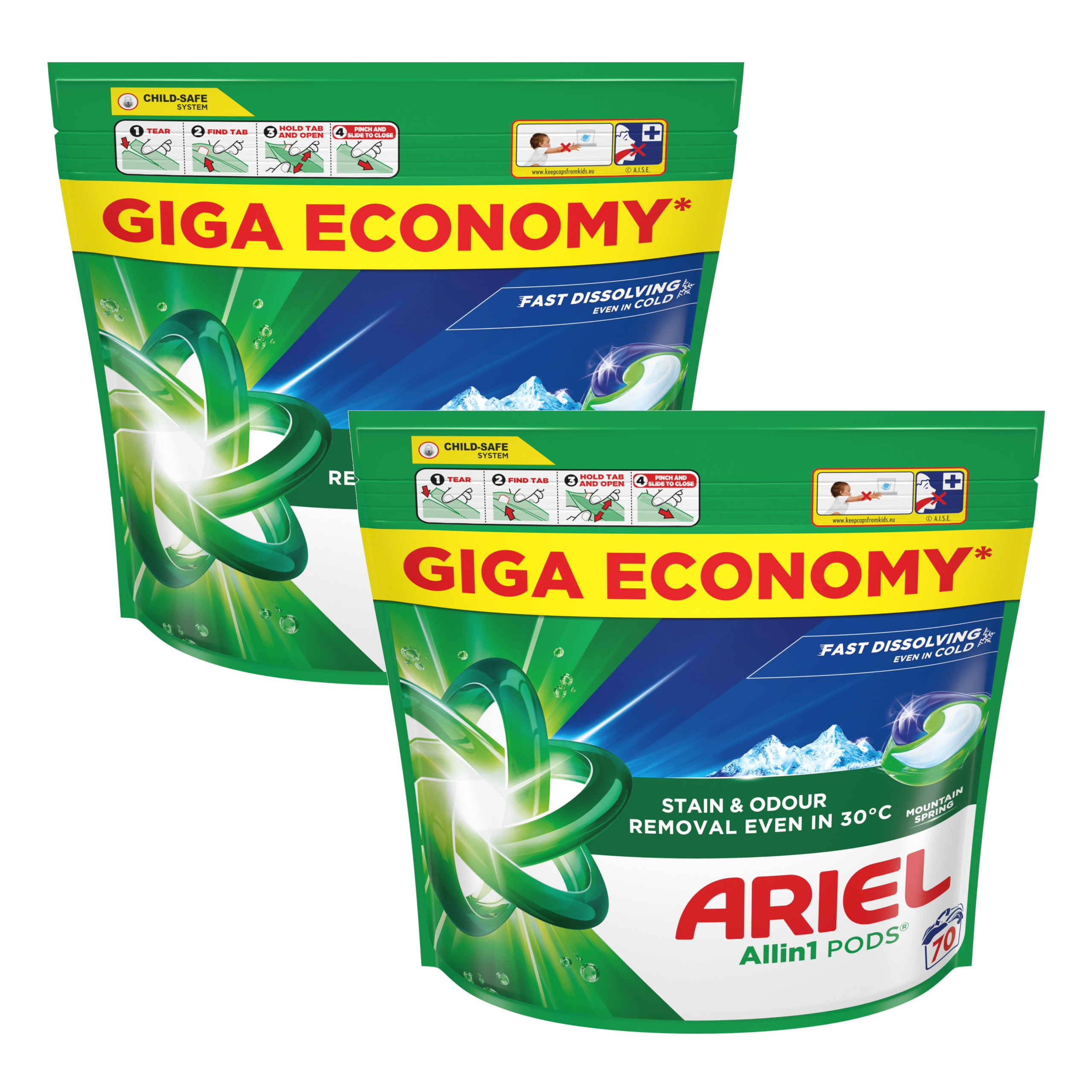 Levně 2x Kapsle na praní bílého prádla Ariel Mountain Spring Allin1 70ks