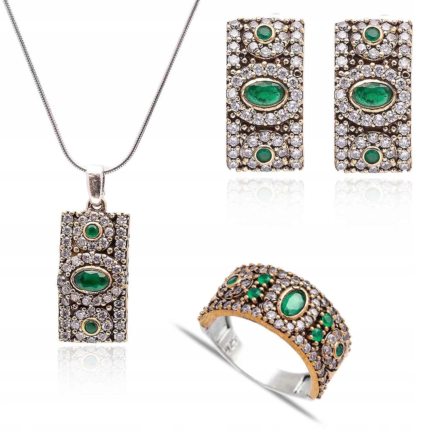 Sada tureckých stříbrných šperků Orientální Smaragd Zirkony Gravírování