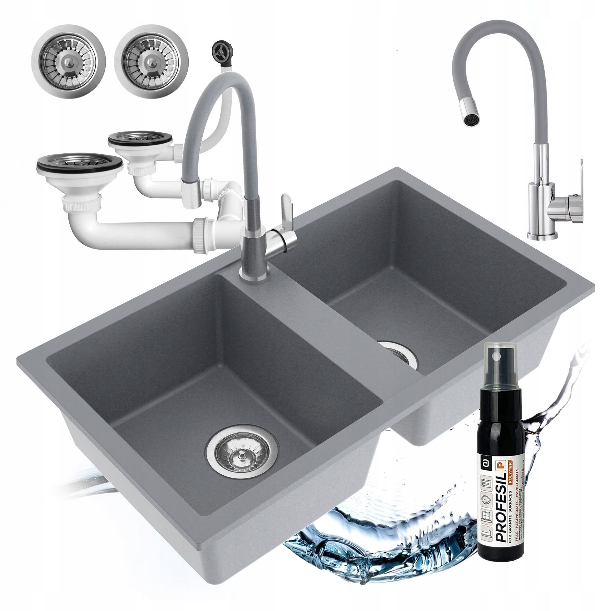 Granitový Kuchynský Drez Prado Dvojkomorový Sivý, Flexibilná Batéria, Sifón