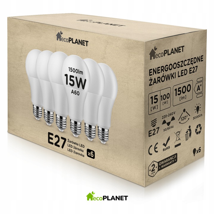 

6x Żarówka Led E27 A60 15W 1500lm Barwy ecoPLANET