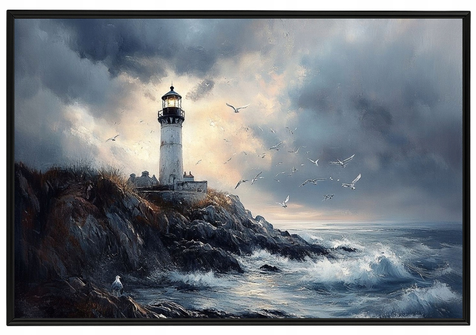 Rámeček S Hliníkovým Rámem Plakát Mořské Vlny Pobřeží Maják Racci 60x40