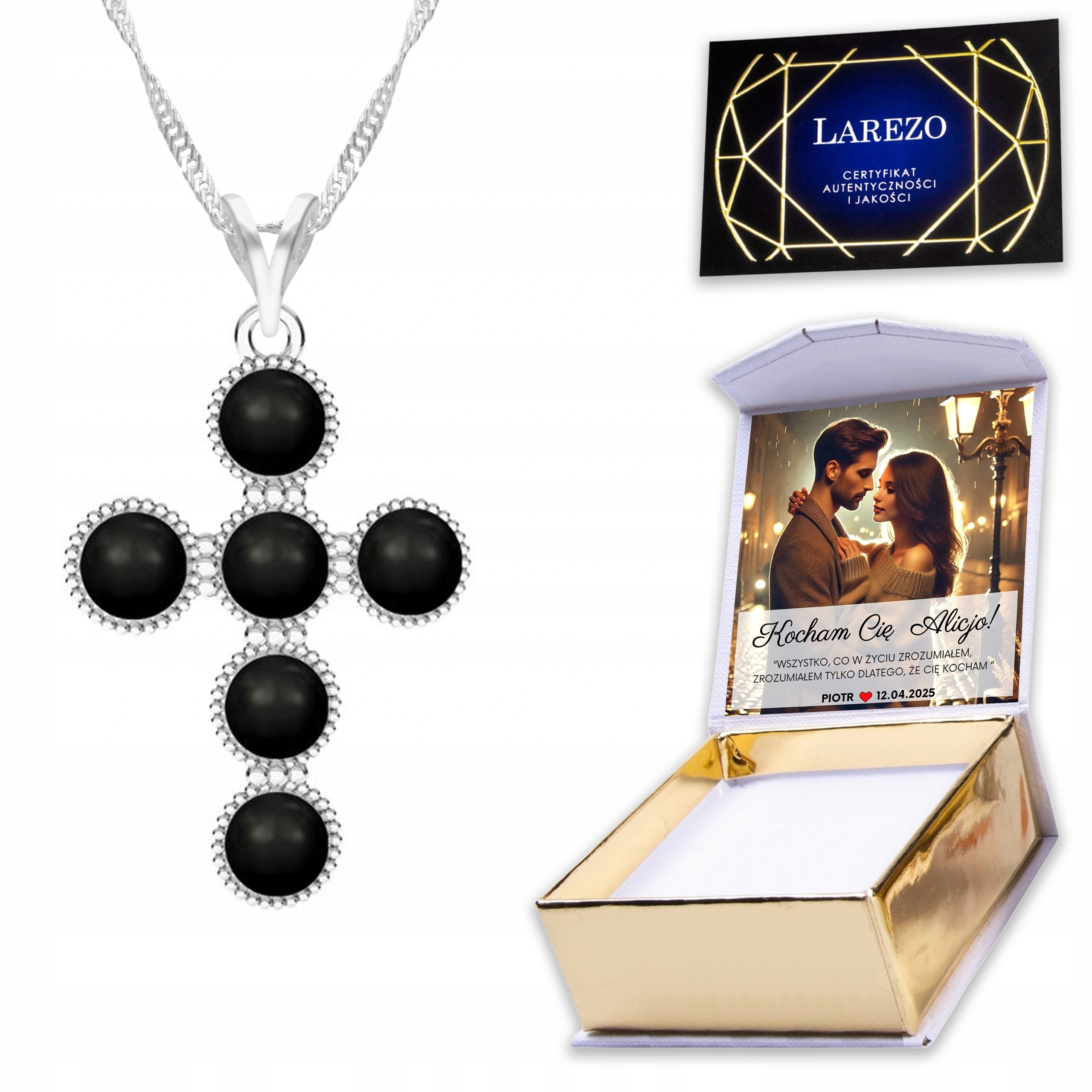 Stříbrný náhrdelník 925 s křížem Perla Černý kříž Černá perla Potisk