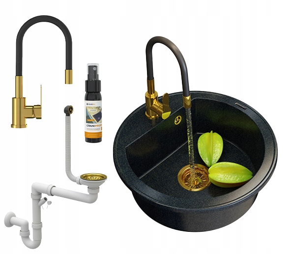 Granitový Drez Jednokomorový Okrúhly Zlatý Sifón Batéria Arno