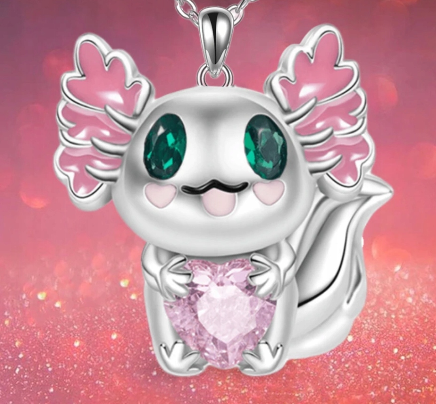 Naszyjnik AKSOLOTL Srebrny Cyrkonie AXOLOTL RÓŻOWE SERCE DUŻE OCZY Materiał Inny