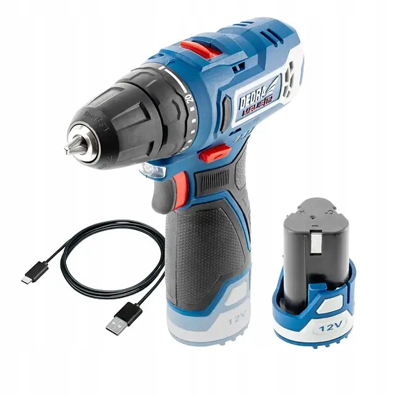 Dedra aku vrtačka 12V/2Ah, 32Nm, 0-400/1300 ot./min., nabíjecí kabel Usb-c,