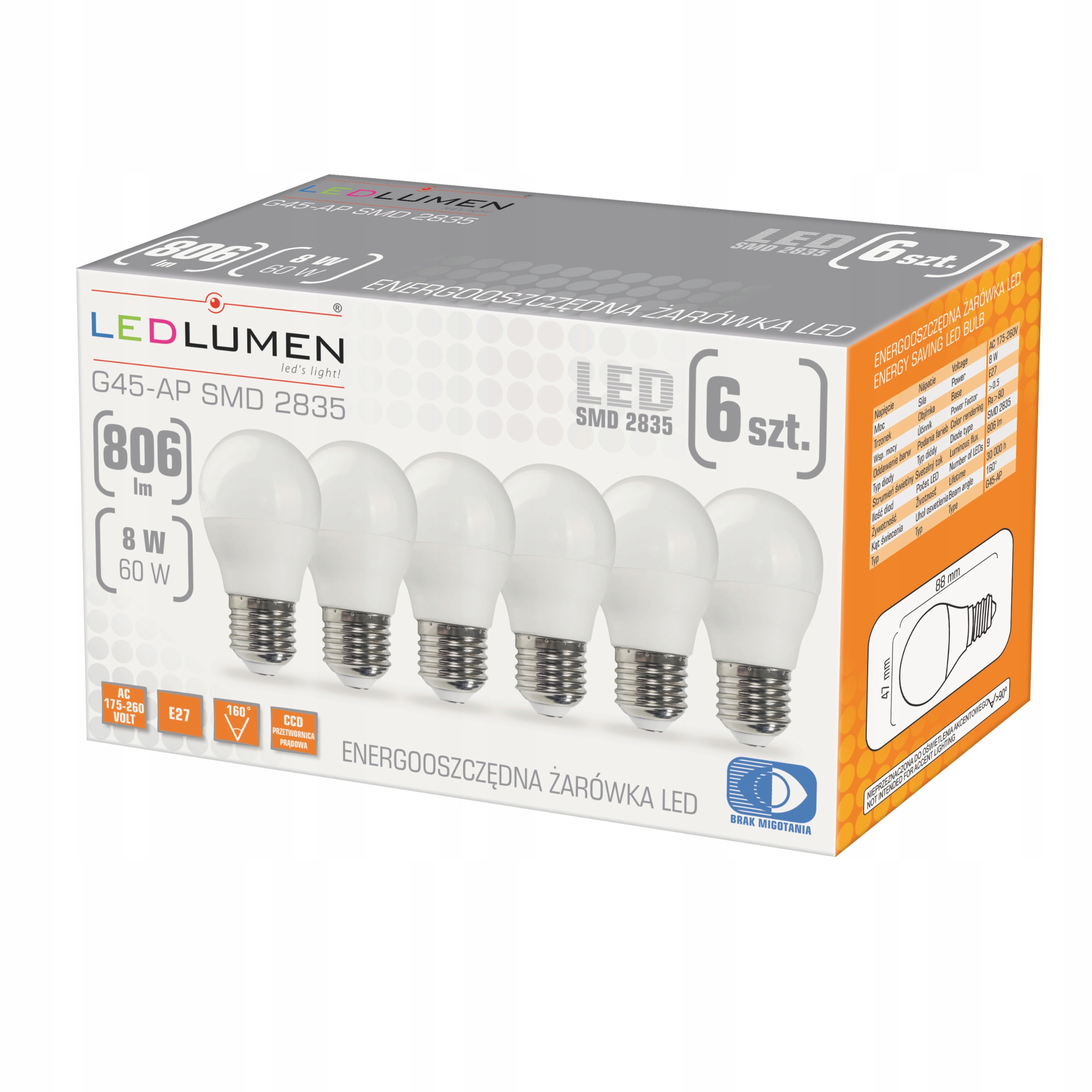 

Zestaw 6x Żarówka Led E27 Kulka 8W=60W 806lm CCD