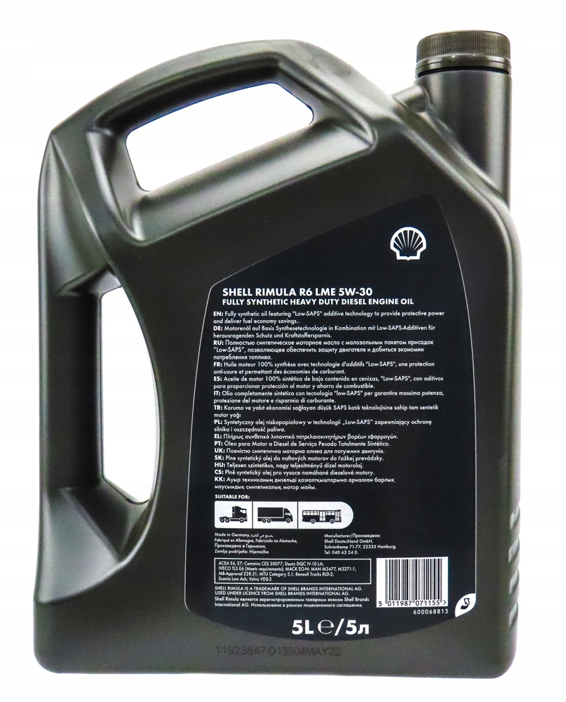 SHELL RIMULA OLEJ SILNIKOWY 5W30 R6 LME SYNTETYK 5 Pojemność opakowania 5 l