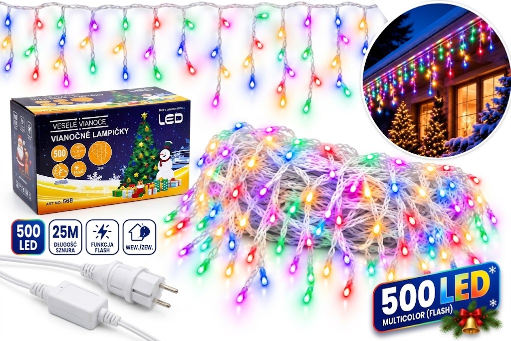 Venkovní Světla Rampouchy 500 Led 25 M Vícebarevná Flash Kombinovaná