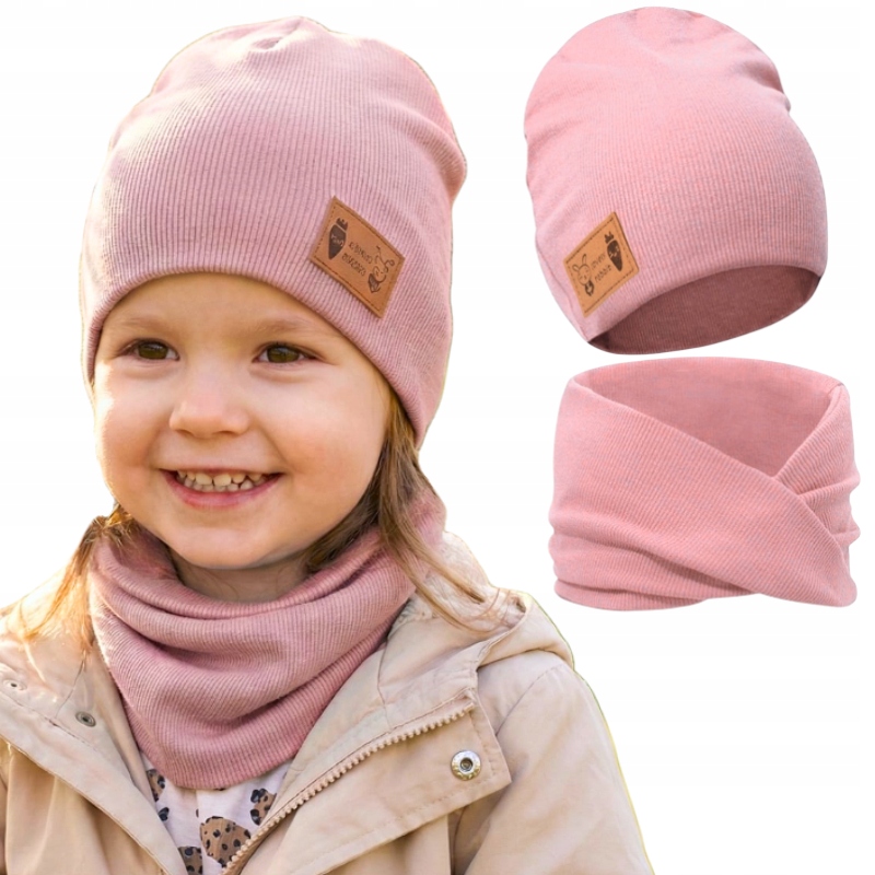 KOMPLET CZAPKA KOMIN DZIECIĘCY BAWEŁNIANY PODWÓJNY RÓŻOWY JESIENNY