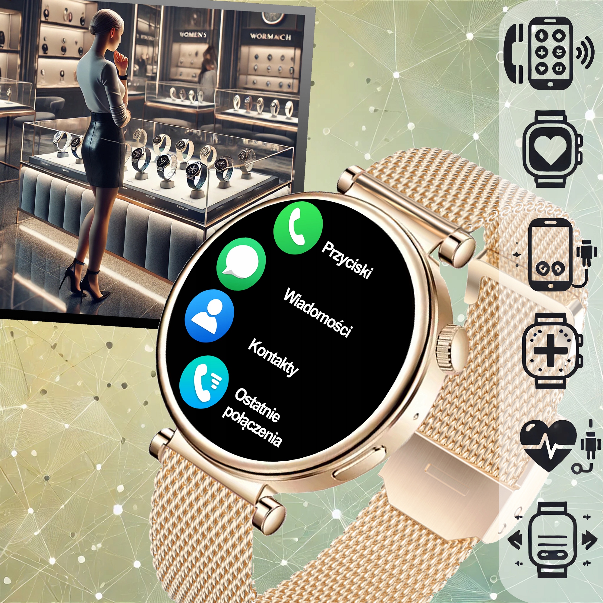 SMARTWATCH ZEGAREK DAMSKI OLED MENU PL ROZMOWY POWIADOMIENIA SPORT 4 PASKI Model inny