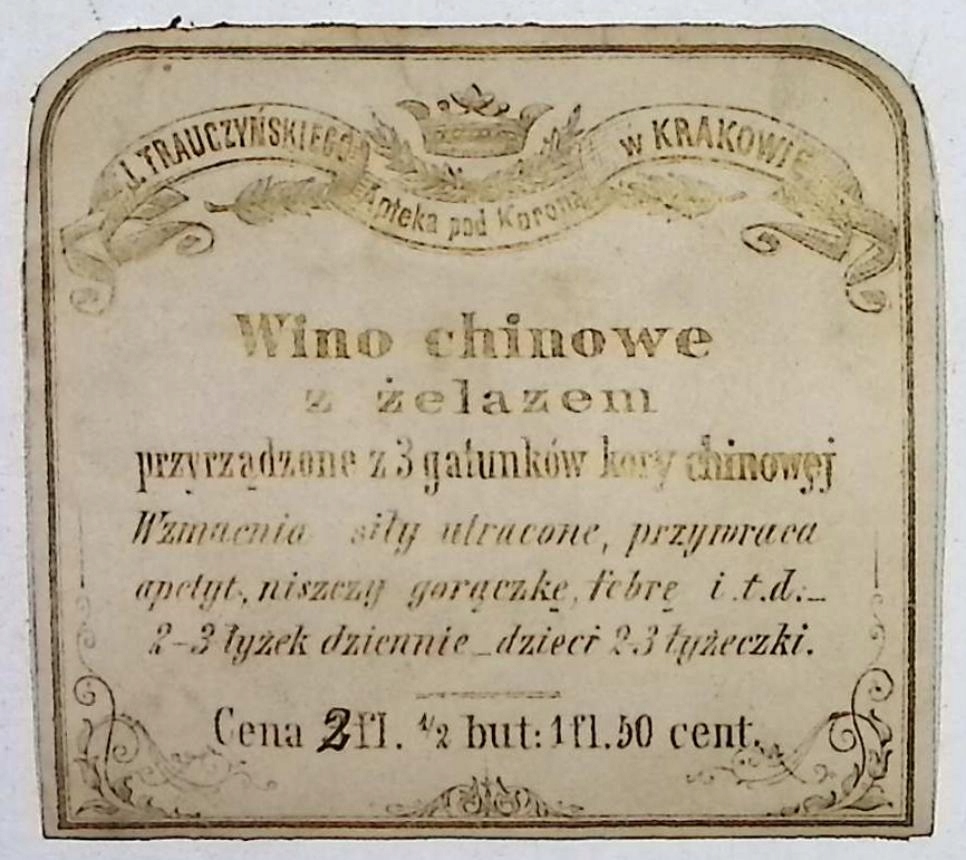 Etykieta apteczna "Wino chinowe z żelazem" (druga połowa XIX wieku)