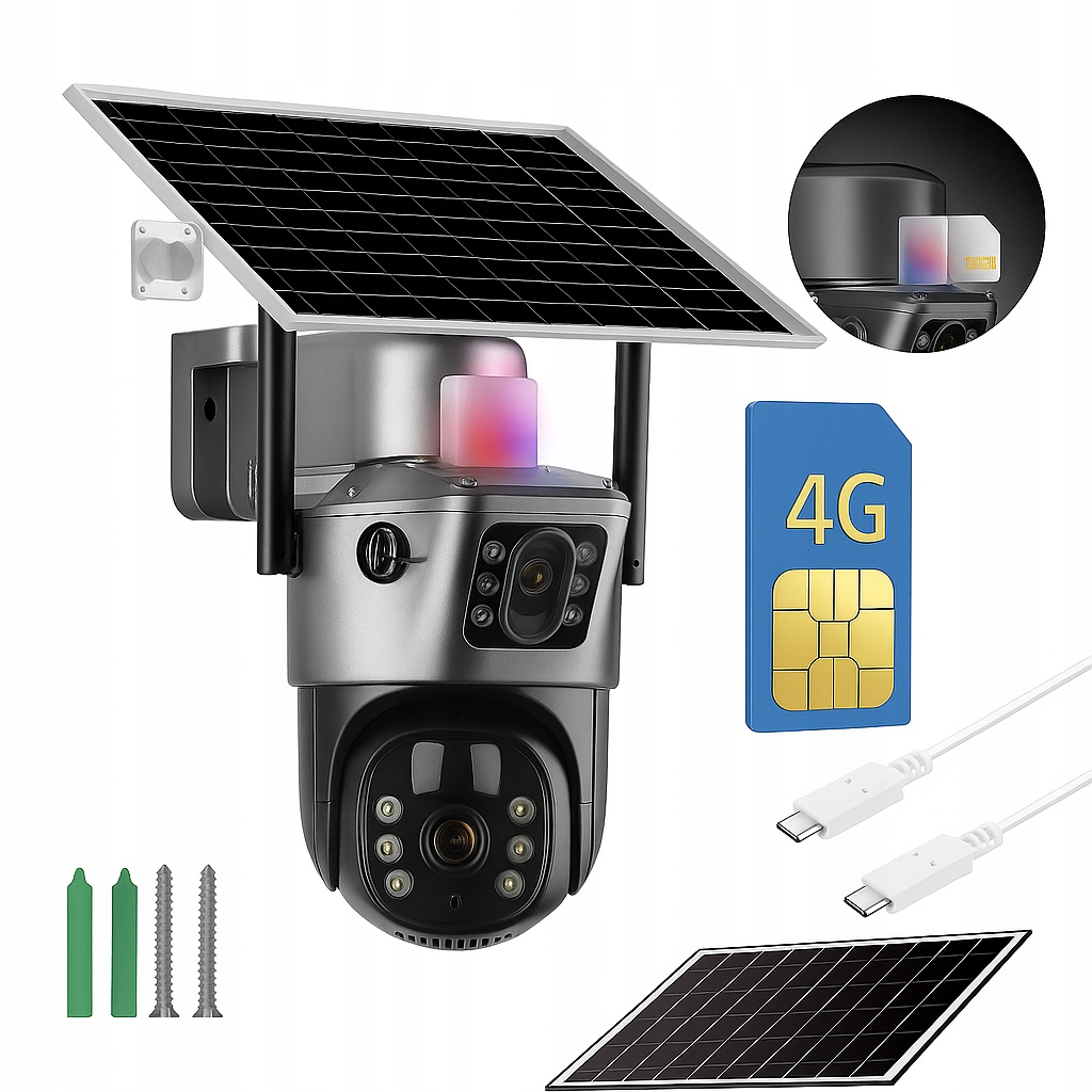 Solární venkovní kamera s dvěma objektivy 4K Hd 8MP Sim karta 4G Lte