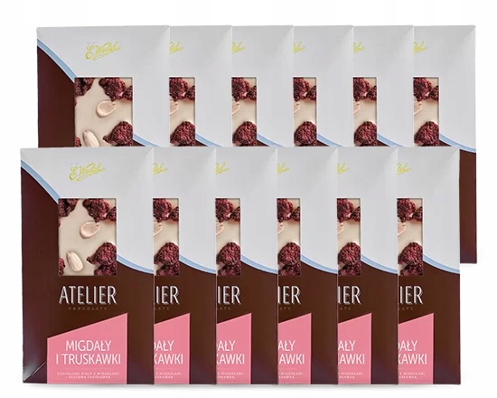 12 x Czekolada Atelier Biała z migdałami i truskawkami 85 g E.Wedel