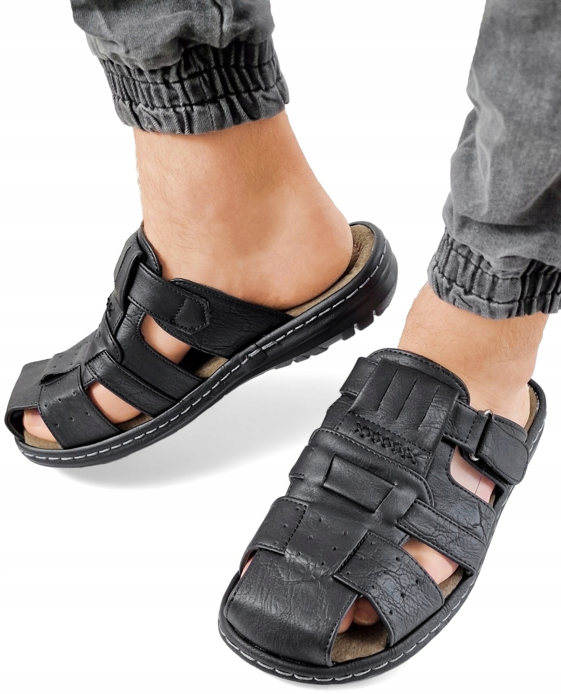 Czarne Męskie Klapki Zakryte Czarne Skórzane z Regulacją na Rzepę *42*