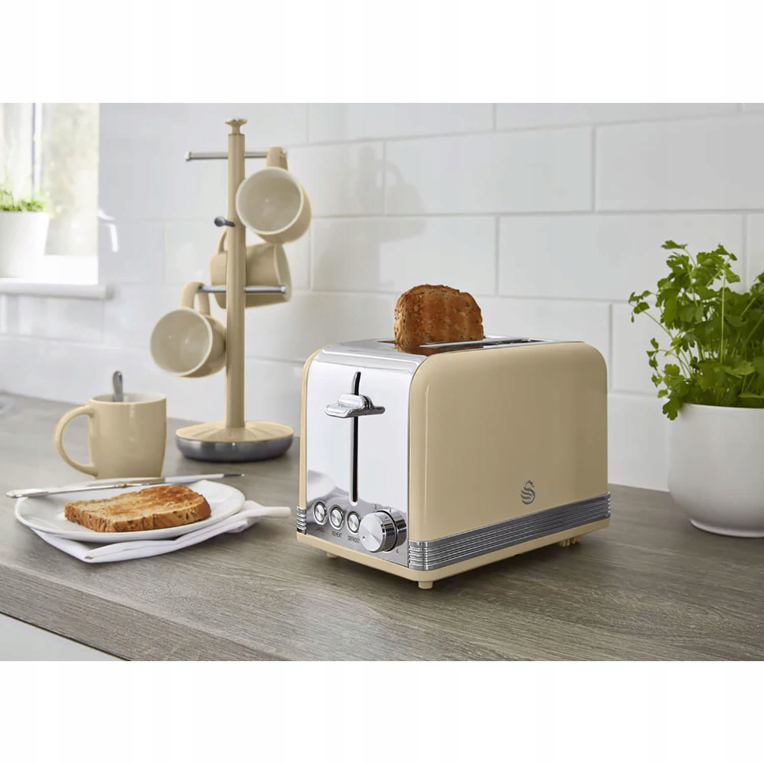 SWAN Retro Toster 2-Slotowy Vintage Design 6 Stopni Regulacji 815W Kremowy — miniatura 3