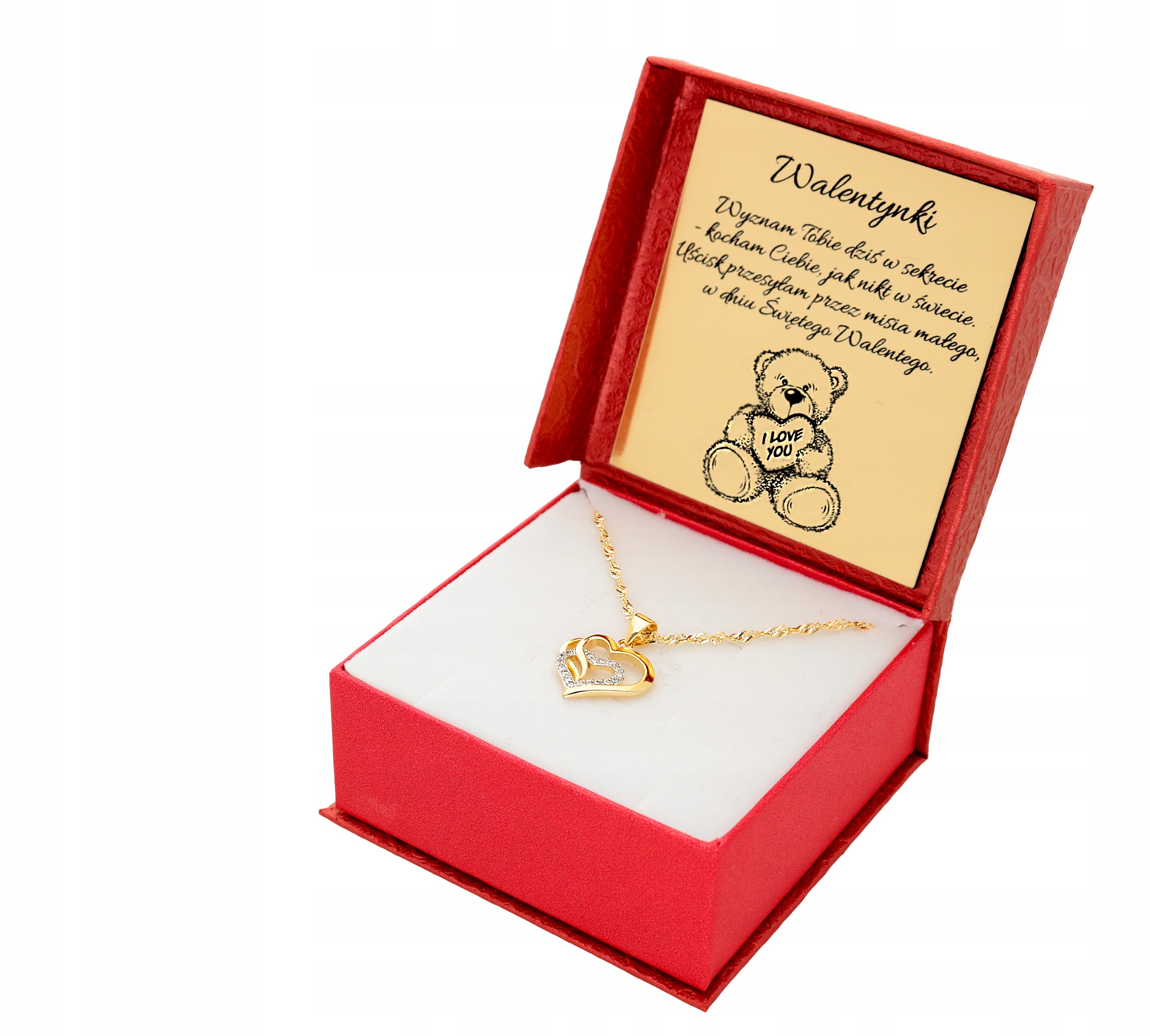 ZŁOTY NASZYJNIK SERCE ŁAŃCUSZEK ZAWIESZKA 925 DLA DZIEWCZYNY NA WALENTYNKI Długość całkowita 45 cm