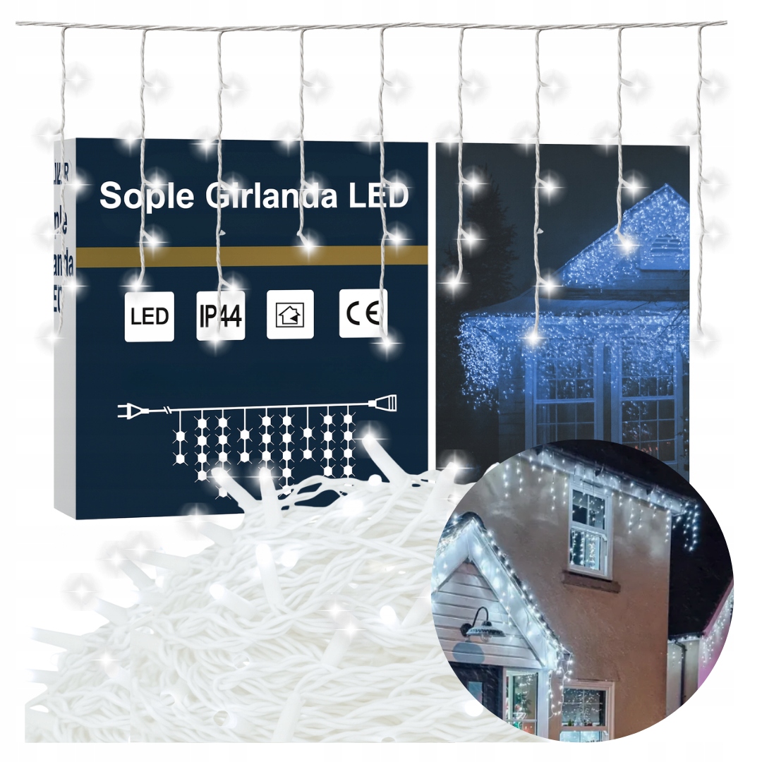 LAMPKI ŚWIĄTECZNE SOPLE Girlanda Świetlna Kurtyna 200 LED Zimny biały