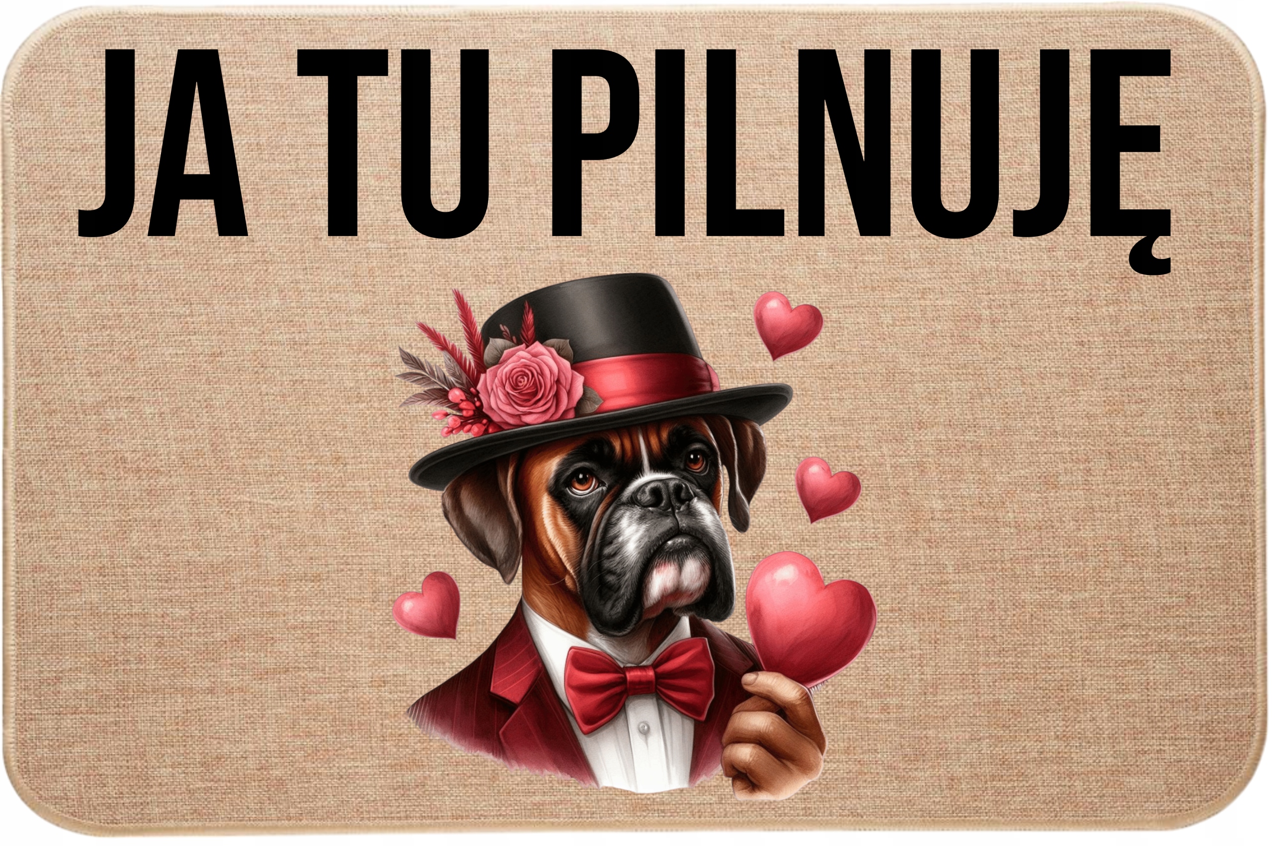 Lněná rohožka před dveřmi Já tady hlídám Boxer Valentýna Srdce